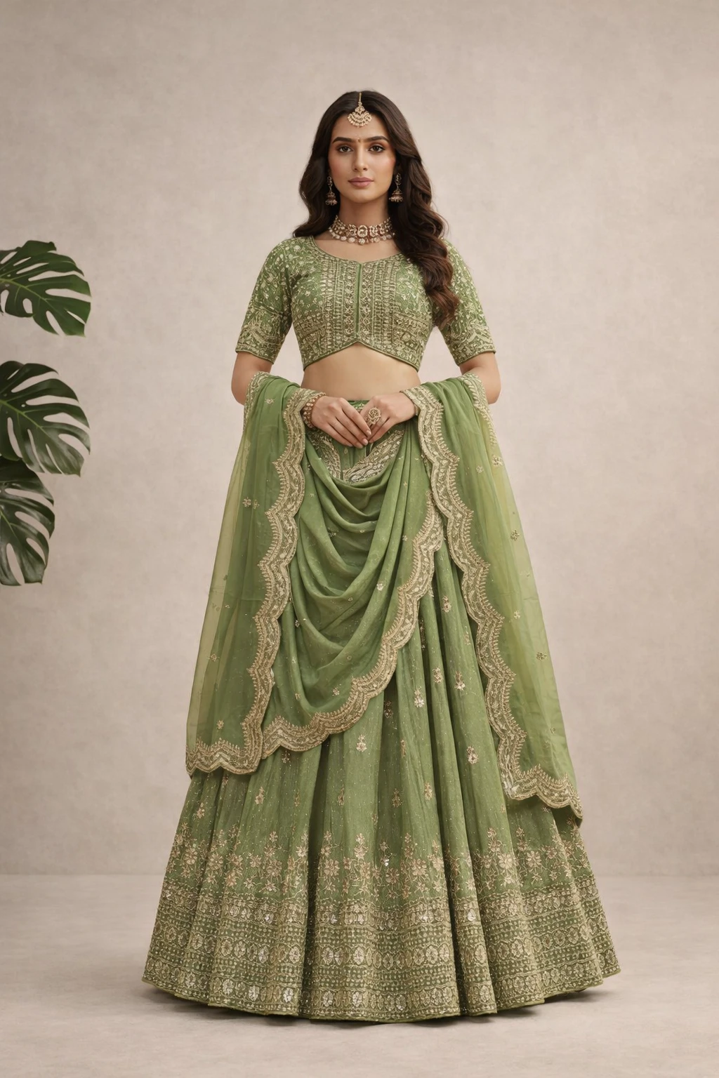 Olive Vine Scalloped Lehenga Set — Georgette