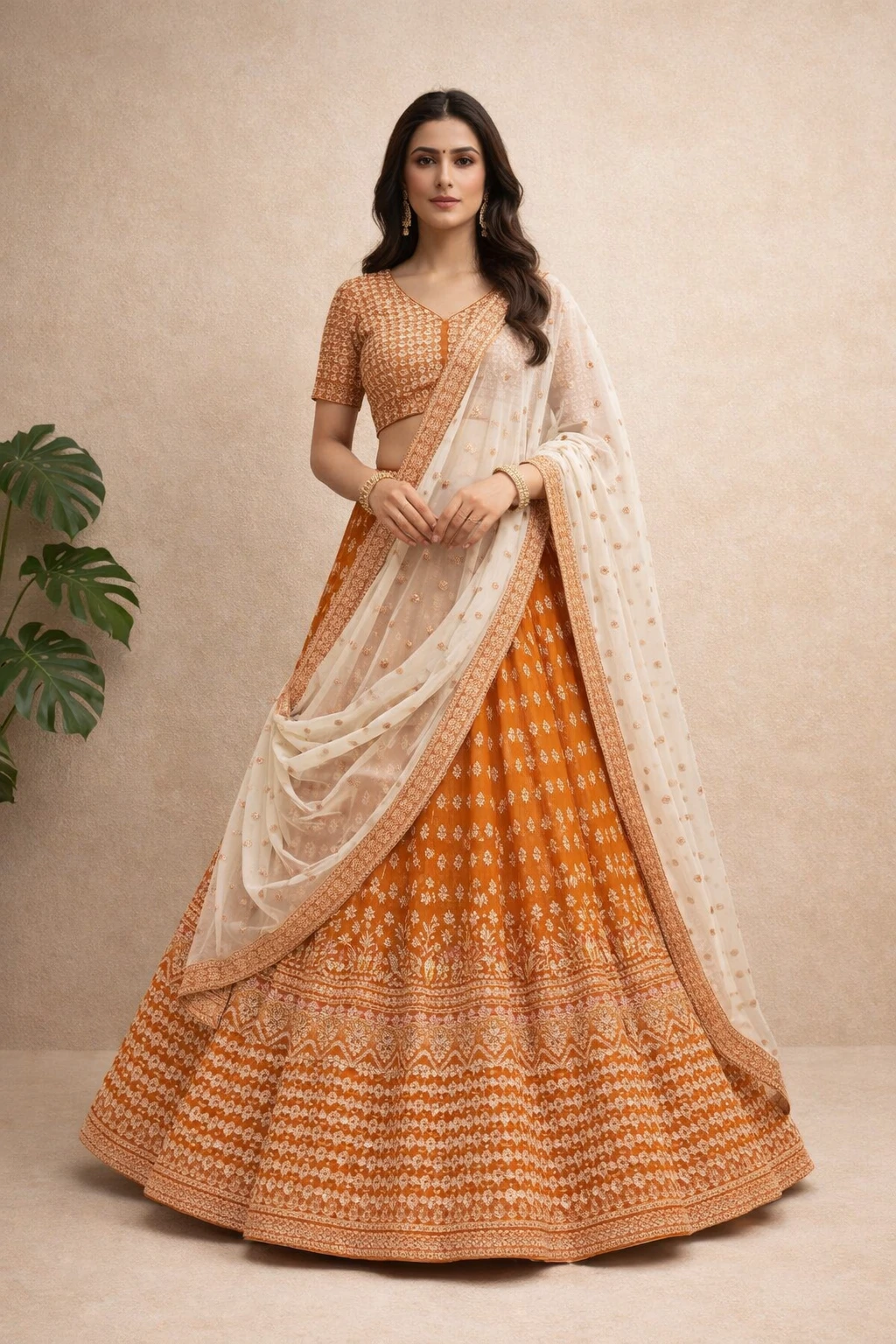 Burnt Orange Chevron Embroidered Lehenga Choli — Georgette and Net