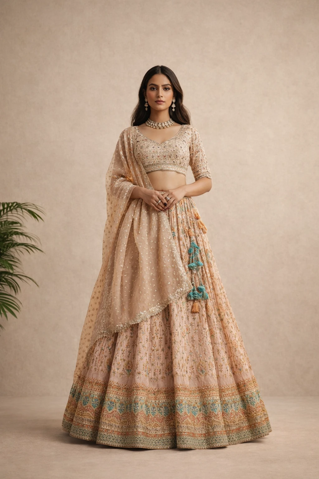 Peach Blossom Floral Printed Lehenga Choli — Silk and Organza
