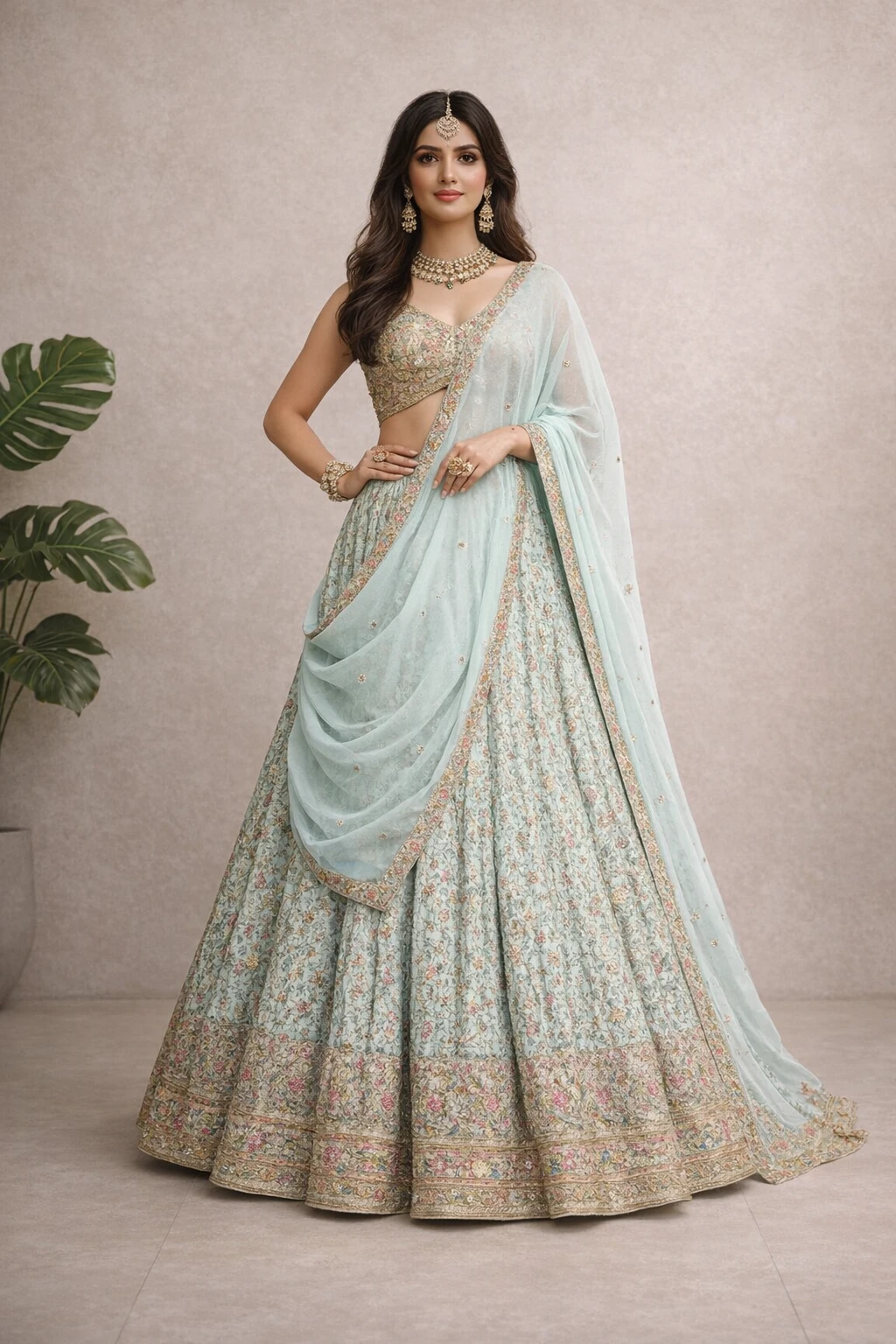 Teal Grandeur Zari Embroidered Lehenga Choli — Net and Silk Blend