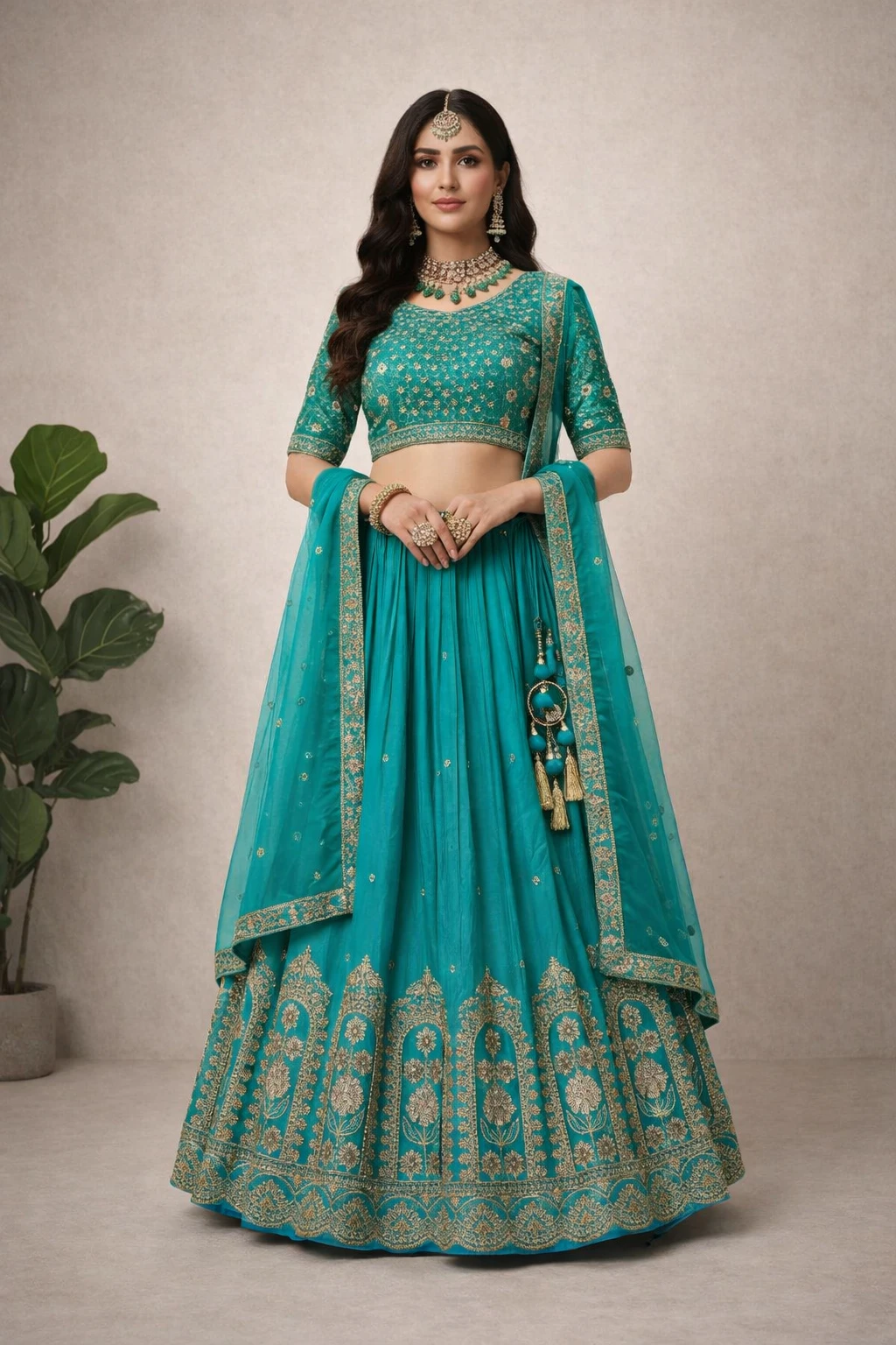 Peacock Teal Architectural Floral Lehenga Set — Georgette and Net