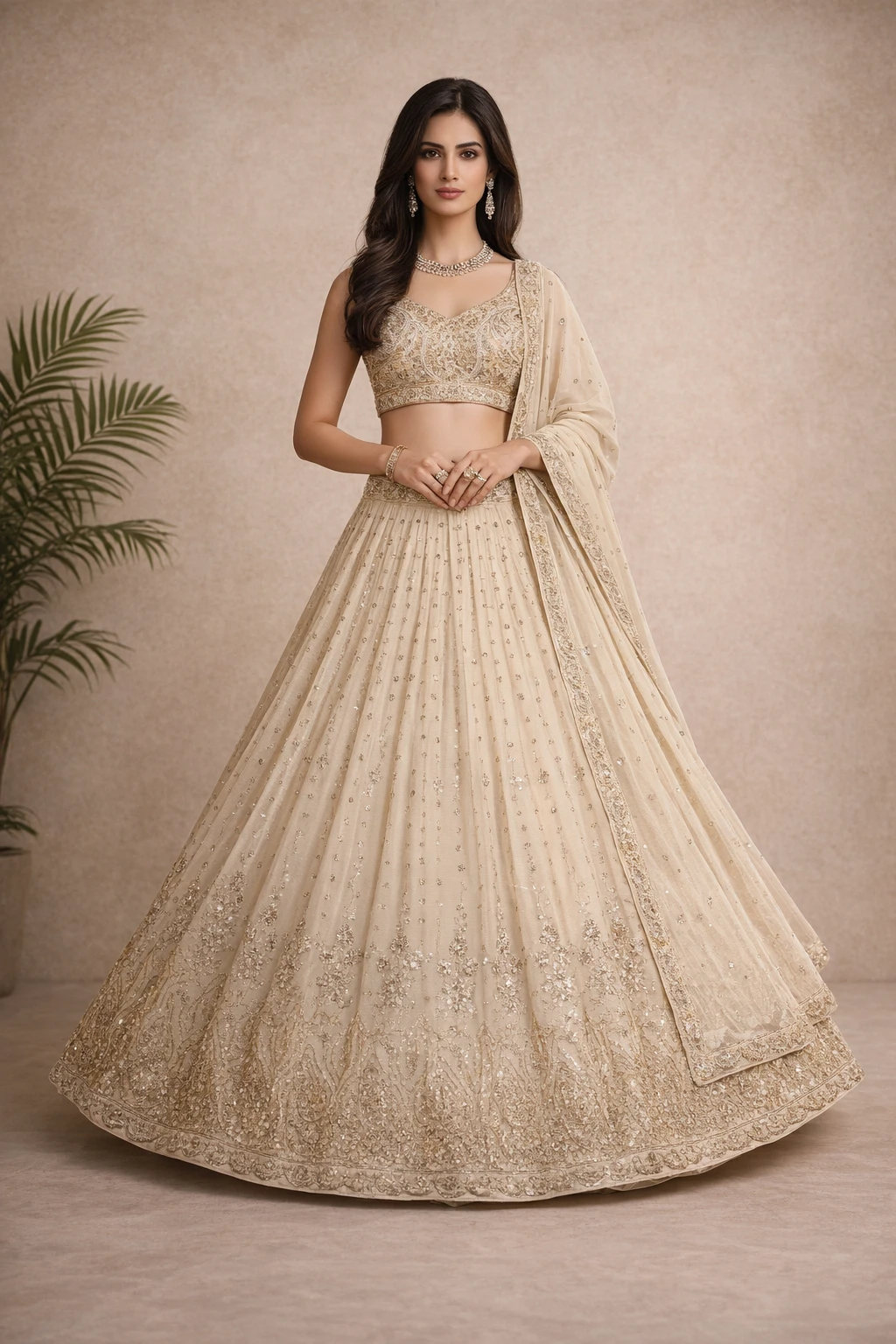 Champagne Radiance Zari Embroidered Lehenga Choli — Net and Silk Blend