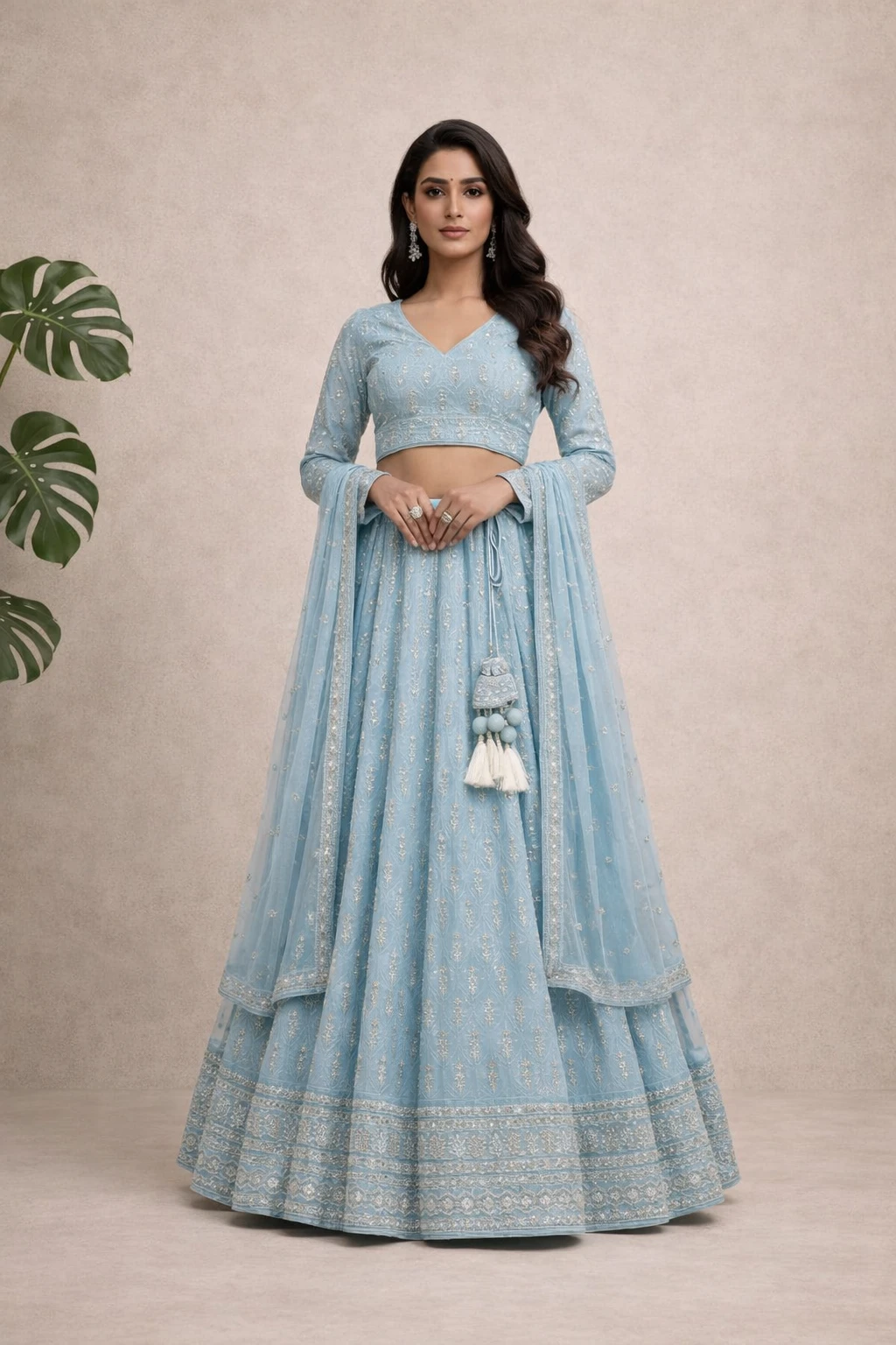 Sky Blue Elephant Motif Zari Lehenga Choli — Georgette and Net