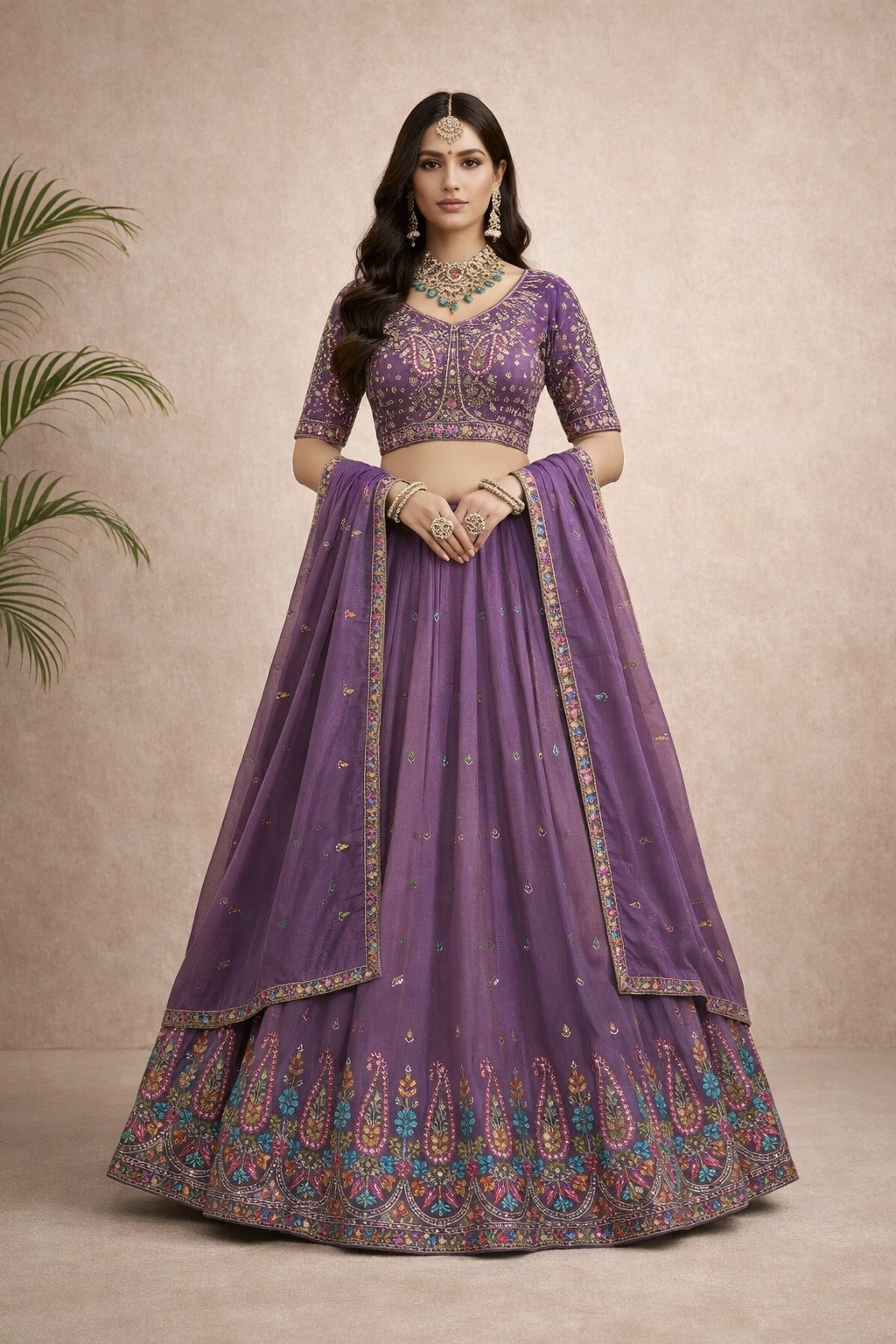 Royal Purple Paisley Embroidered Lehenga Set — Georgette