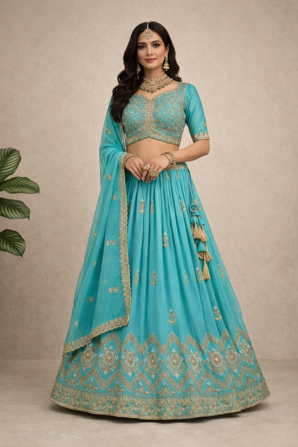 Turquoise Geometric Radiance Lehenga Choli — Chiffon and Net