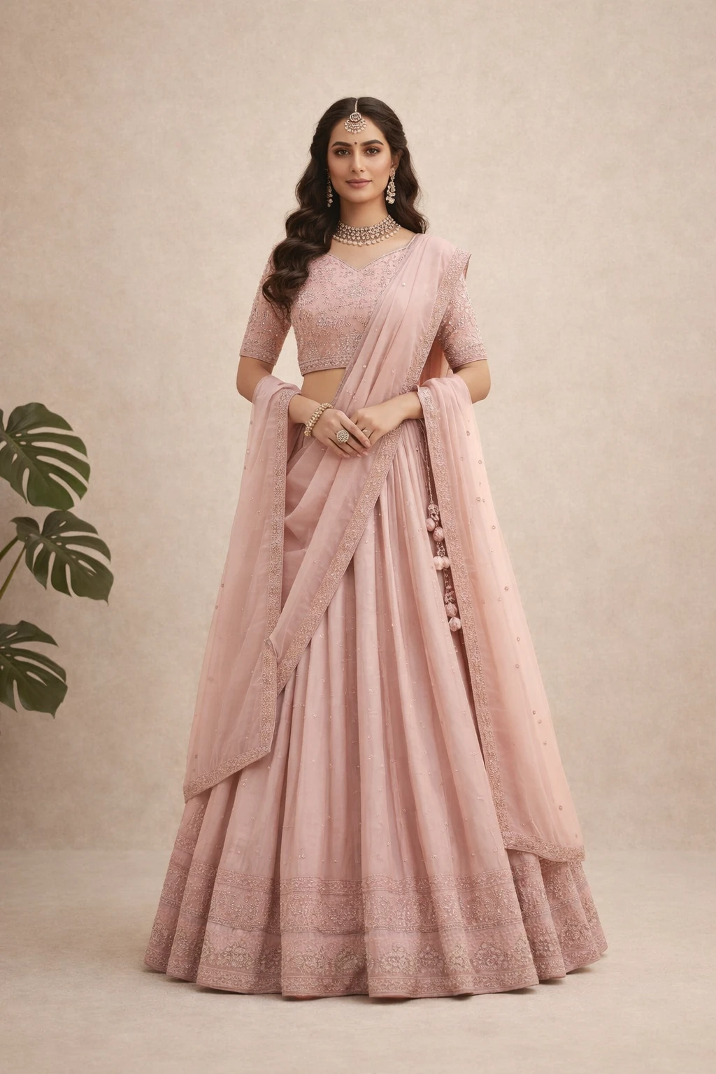 Dusty Rose Sequin & Threadwork Embroidered Lehenga Set — Georgette