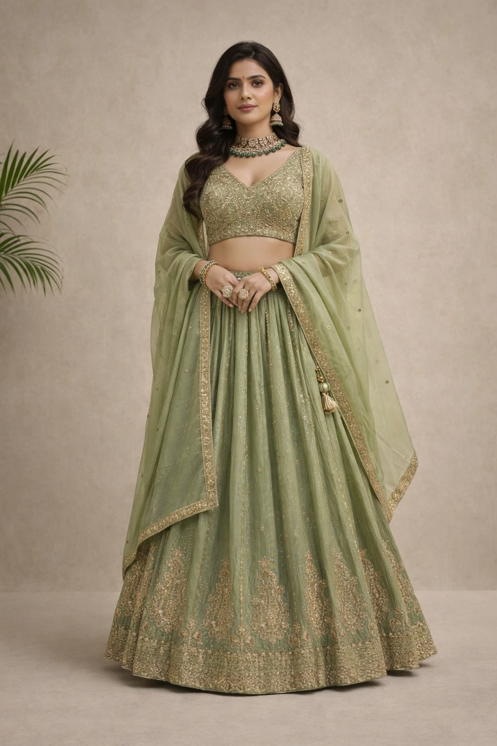 Sage Green Floral Threadwork Lehenga Choli — Organza Silk