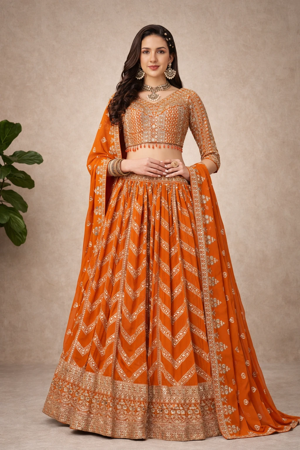 Russet Orange Chevron Embellished Lehenga Set — Georgette and Net