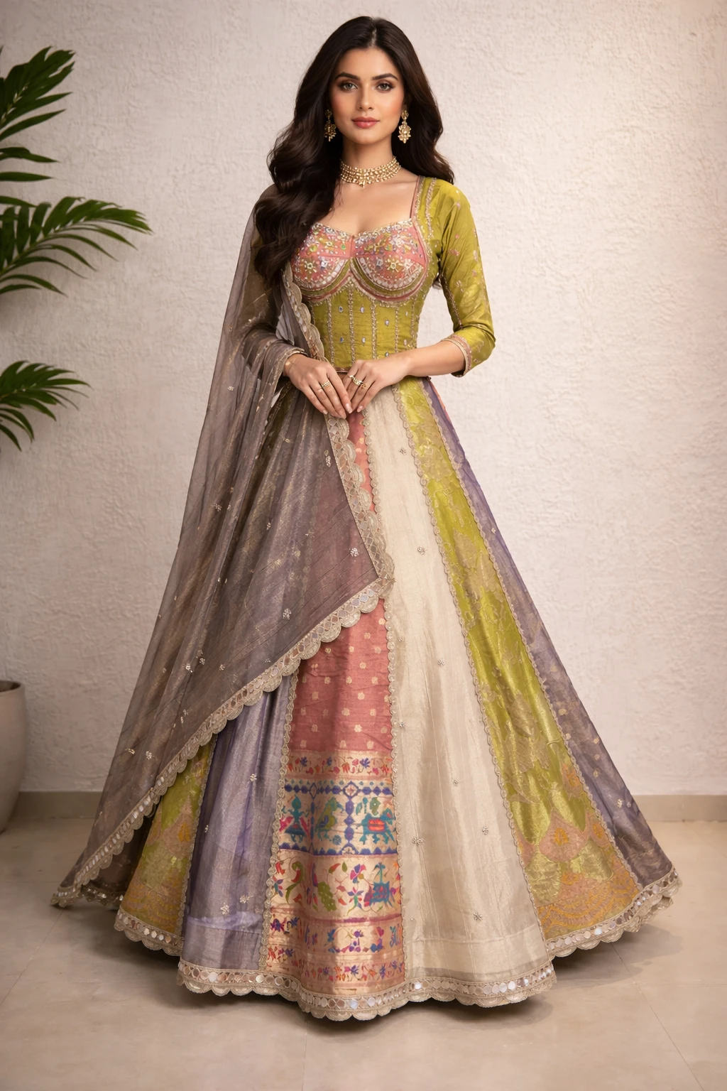 Multi-Panel Embroidered Corset Lehenga Set | Women beautiful croptop — Silk and Organza