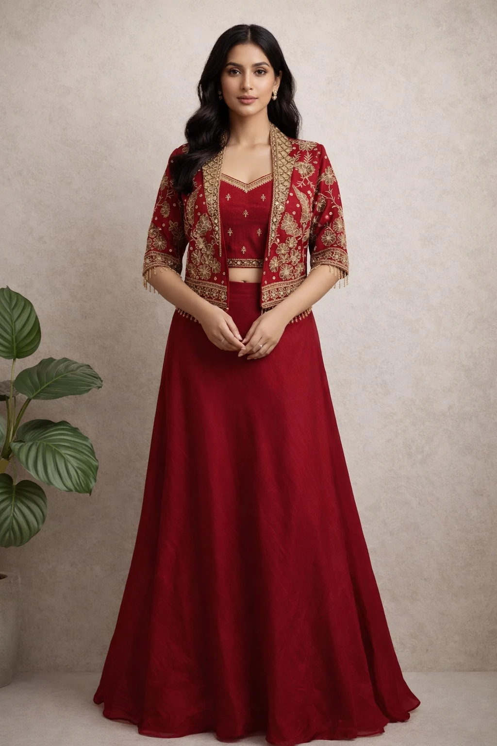 Crimson Gold-Embroidered Jacket Lehenga Set — Organza Silk
