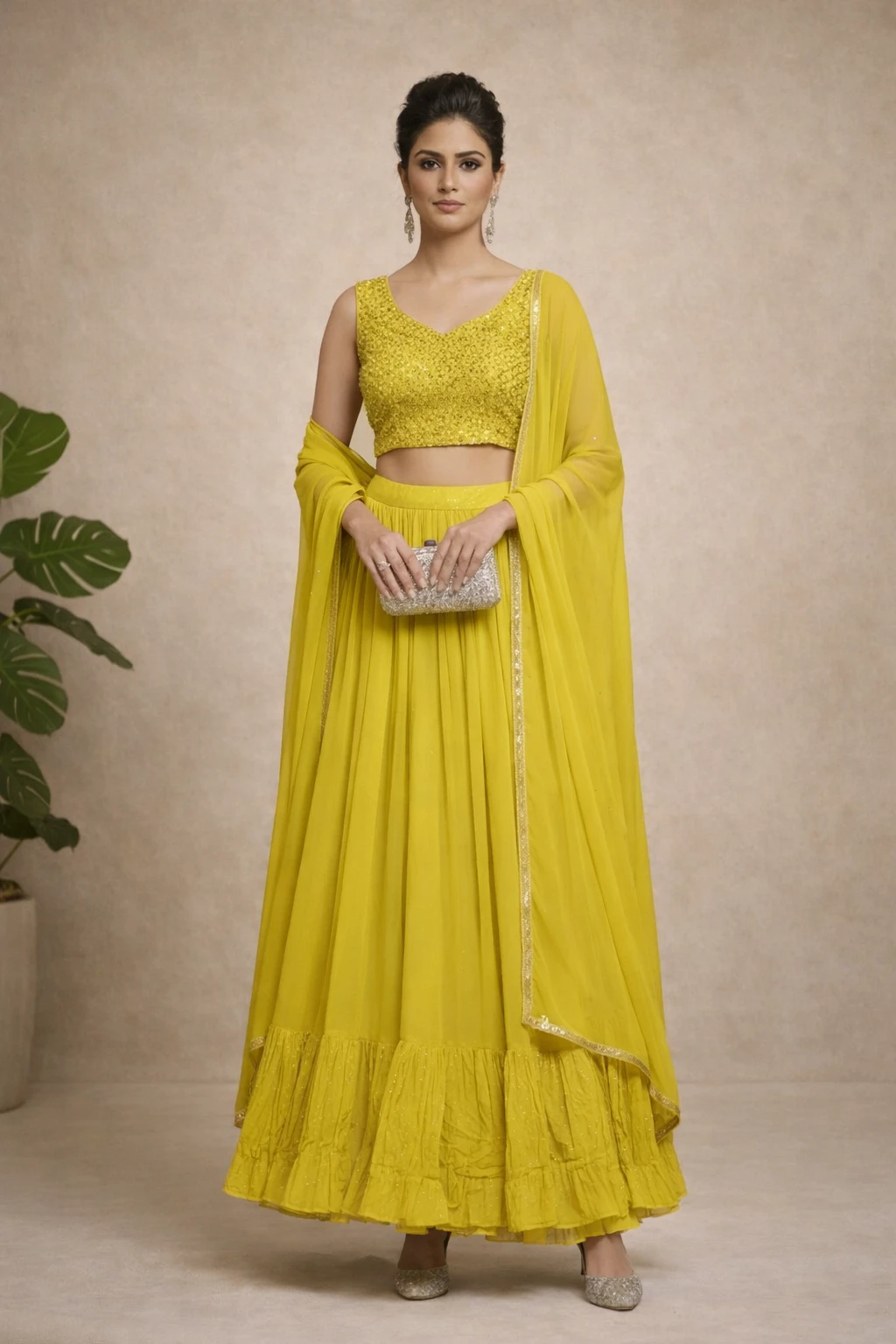 Lime Yellow Sequin Embroidered Lehenga Set — Georgette and Shimmer Chiffon