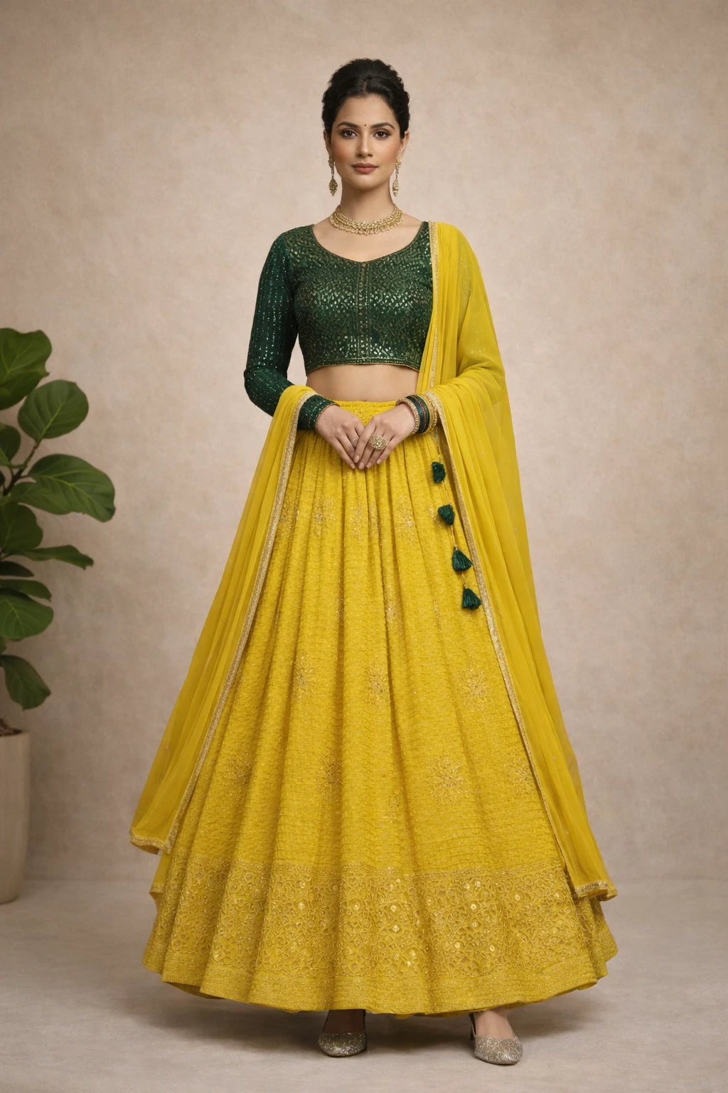 Forest Green and Canary Yellow Embroidered Lehenga Set — Net and Silk Blend