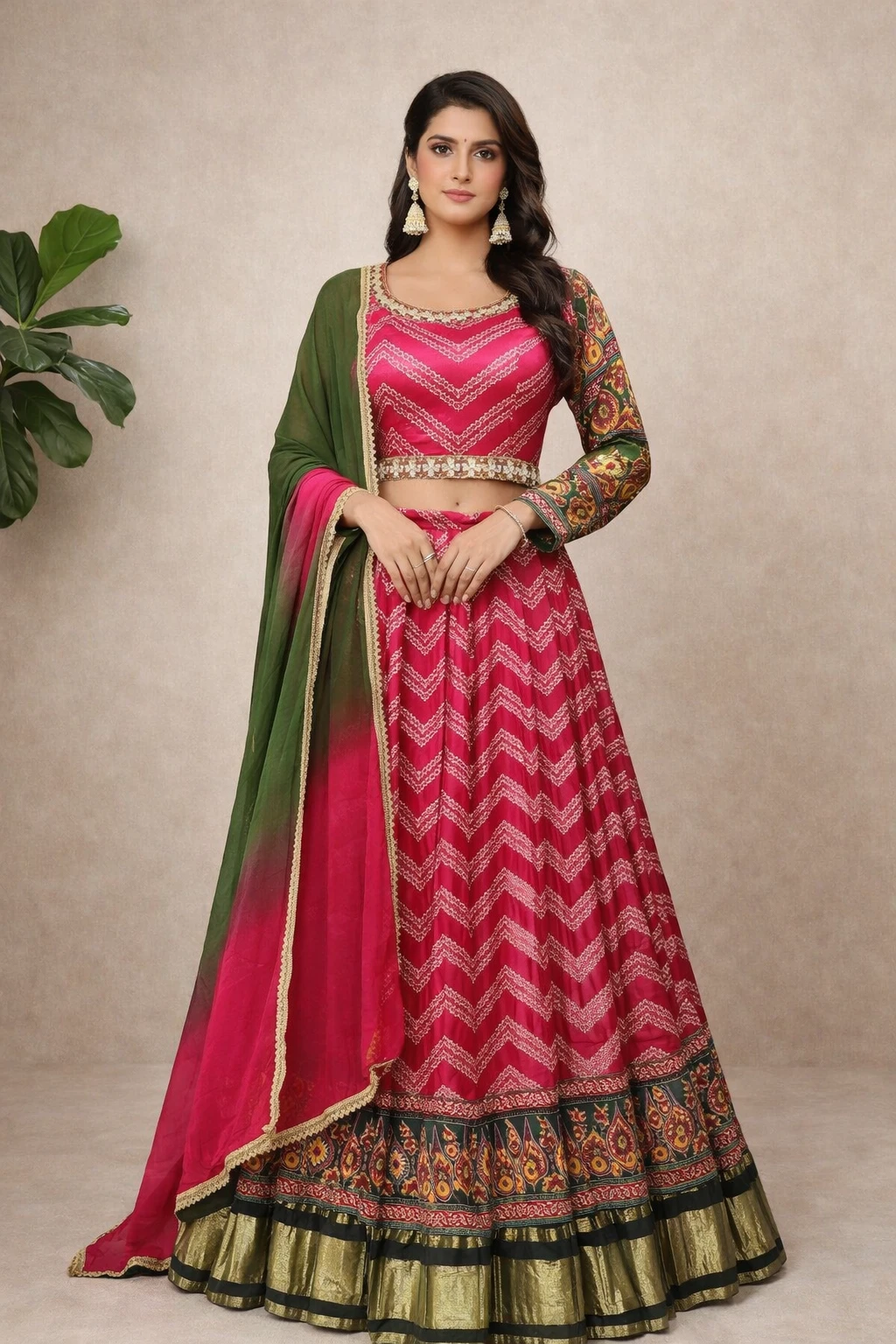 Magenta Chevron and Kalamkari Print Lehenga Set — Silk and Chiffon
