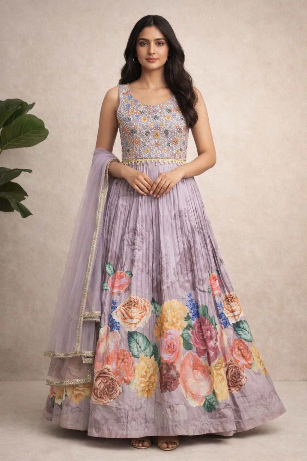 Floral Embellished Pleated Gown with Dupatta — Georgette and Net