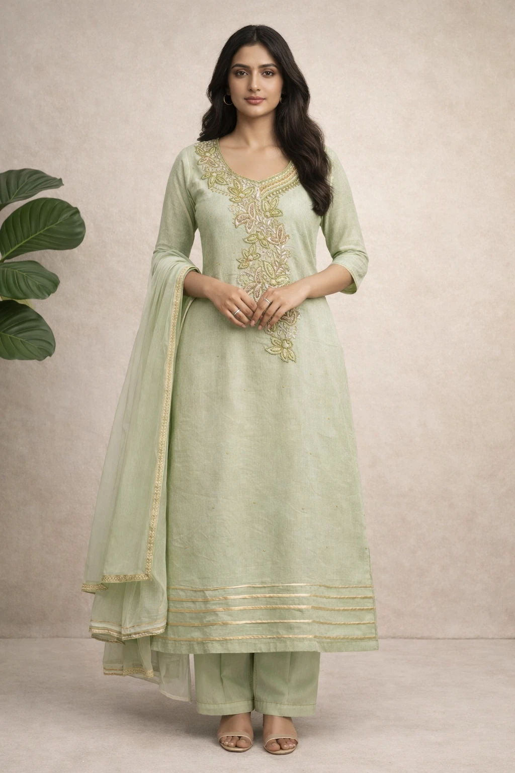 Sage Green Embroidered Chanderi Suit Set — Chanderi Silk and Net