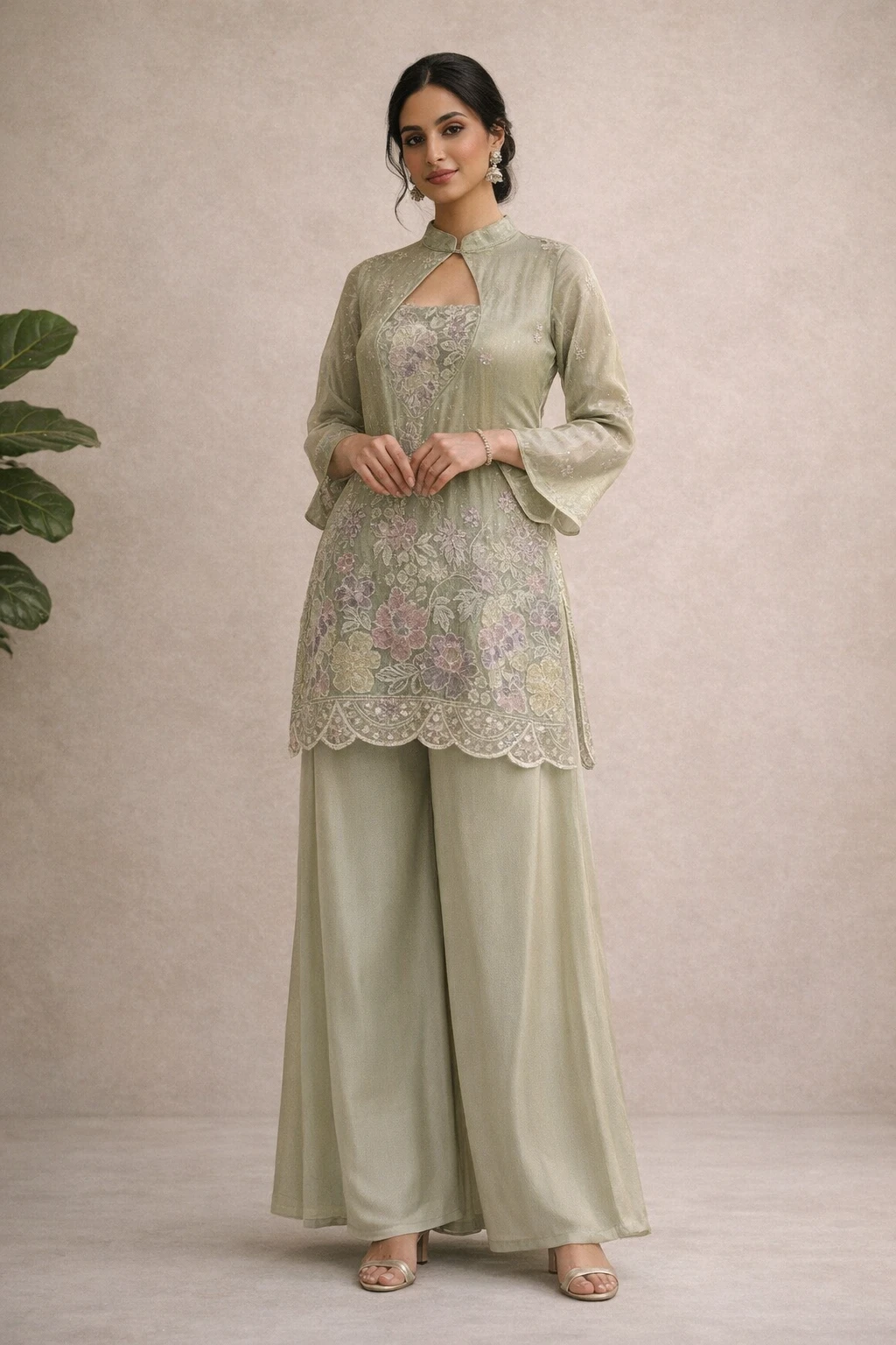 Sage Green Floral Embroidered Tunic and Wide-Leg Trouser Set — Sheer Organza and Smooth Crepe