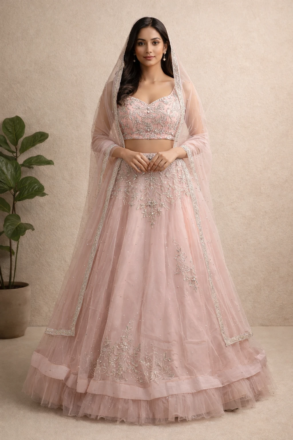 Blush Petal Embroidered Lehenga Set — Net with Shimmer Lining