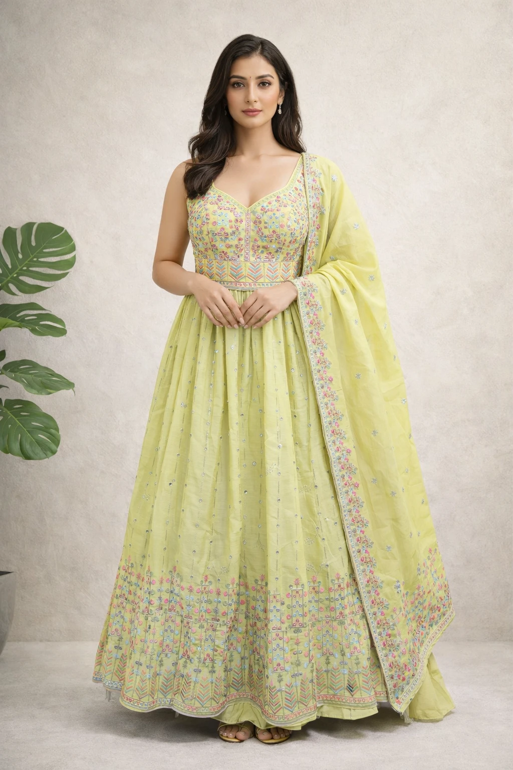 Lime Green Embroidered Lehenga Set with Dupatta — Silk Blend