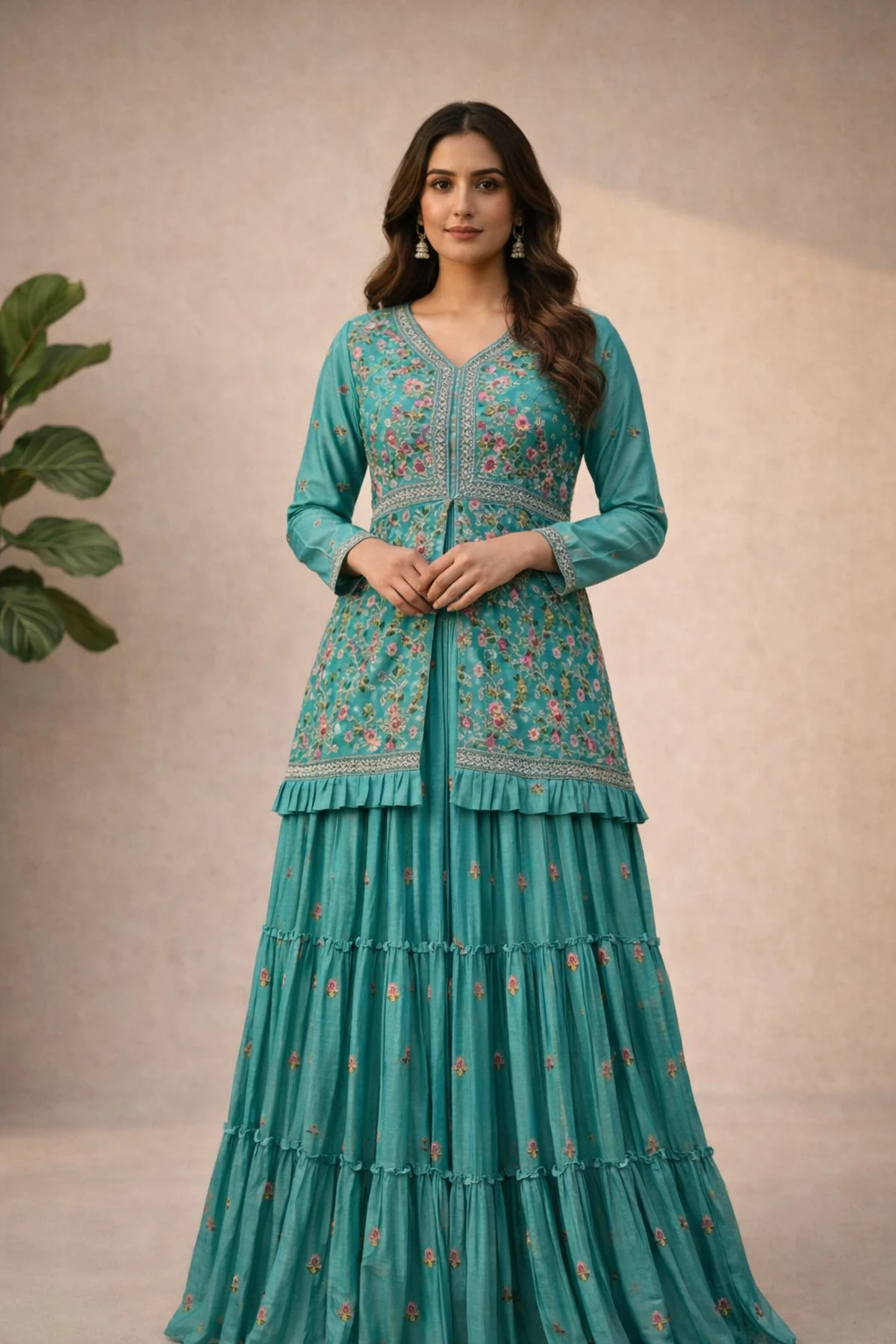 Teal Floral Embroidered Tiered Jacket Set — Cotton Silk or Fine Chanderi