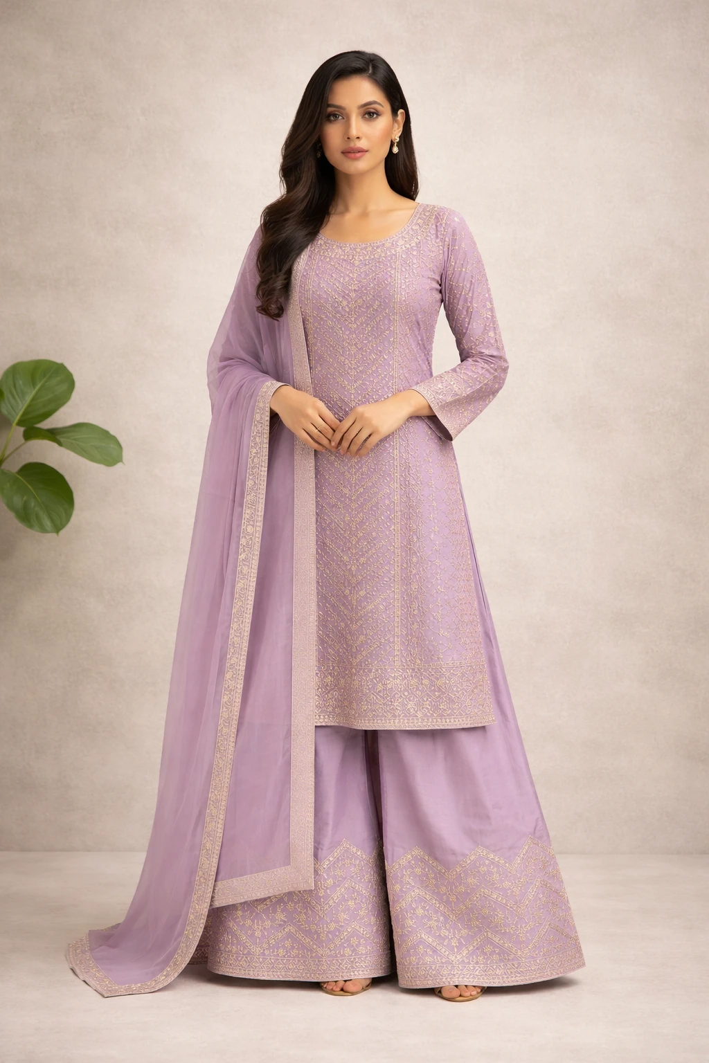 Geometric Embroidered Kurta and Flared Sharara Set — Georgette Silk Blend