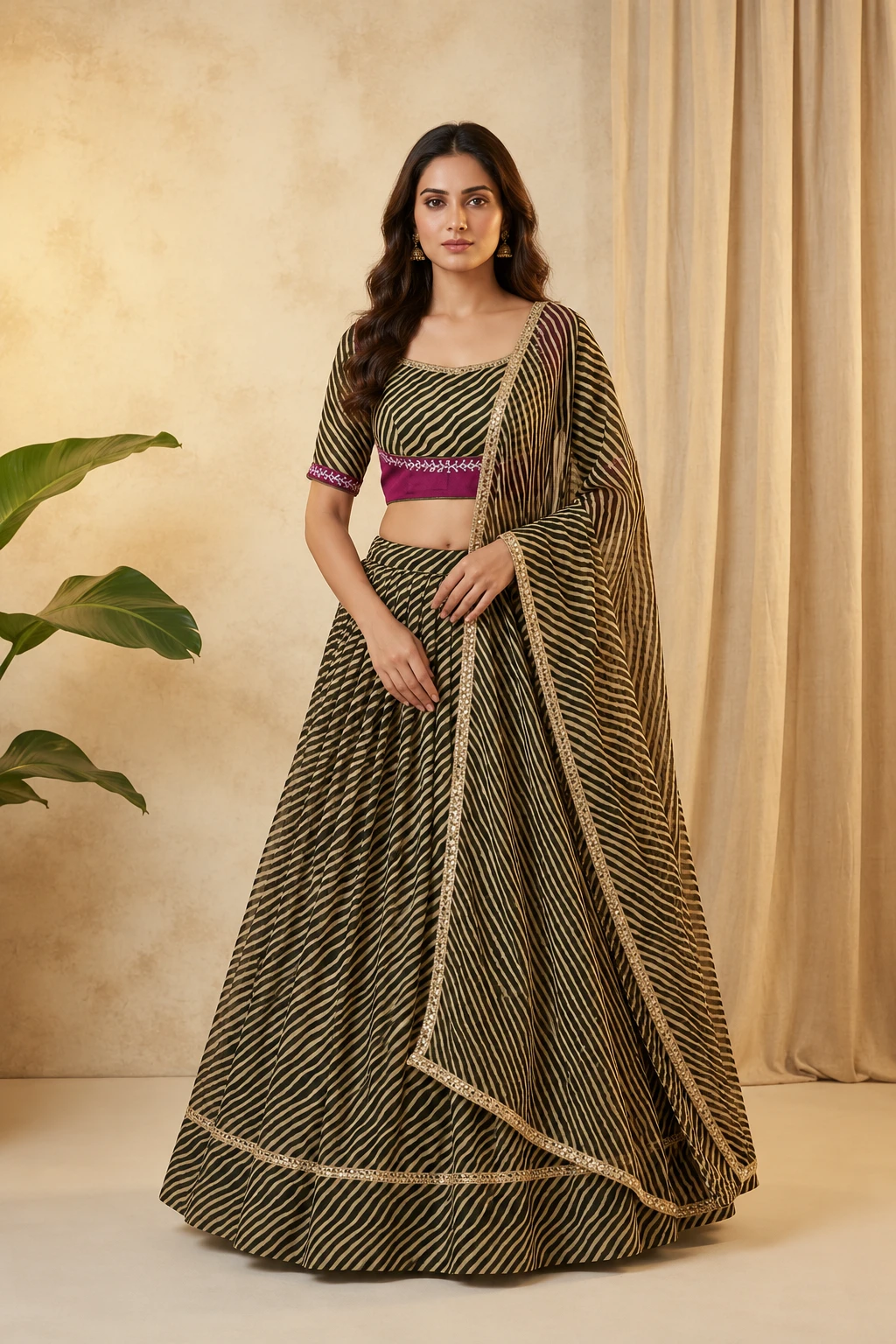 Olive Leheriya Printed Lehenga with Magenta Embroidered Choli — Georgette