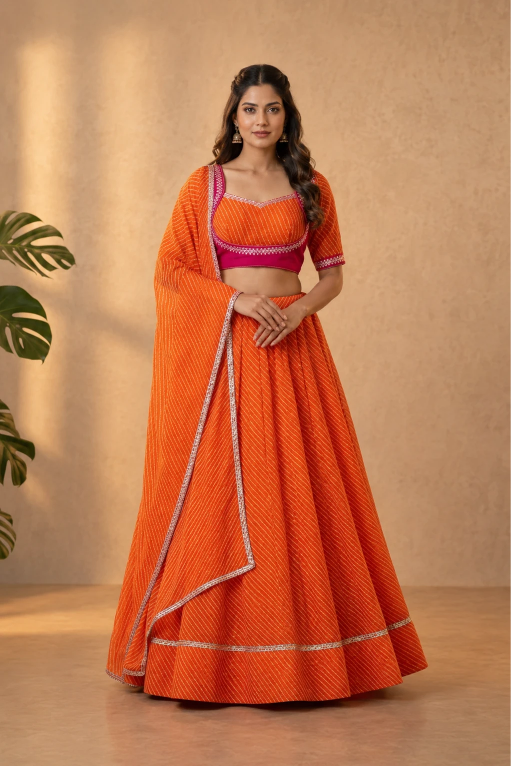 Tangerine Leheriya Printed Lehenga with Fuchsia Embroidered Choli — Georgette