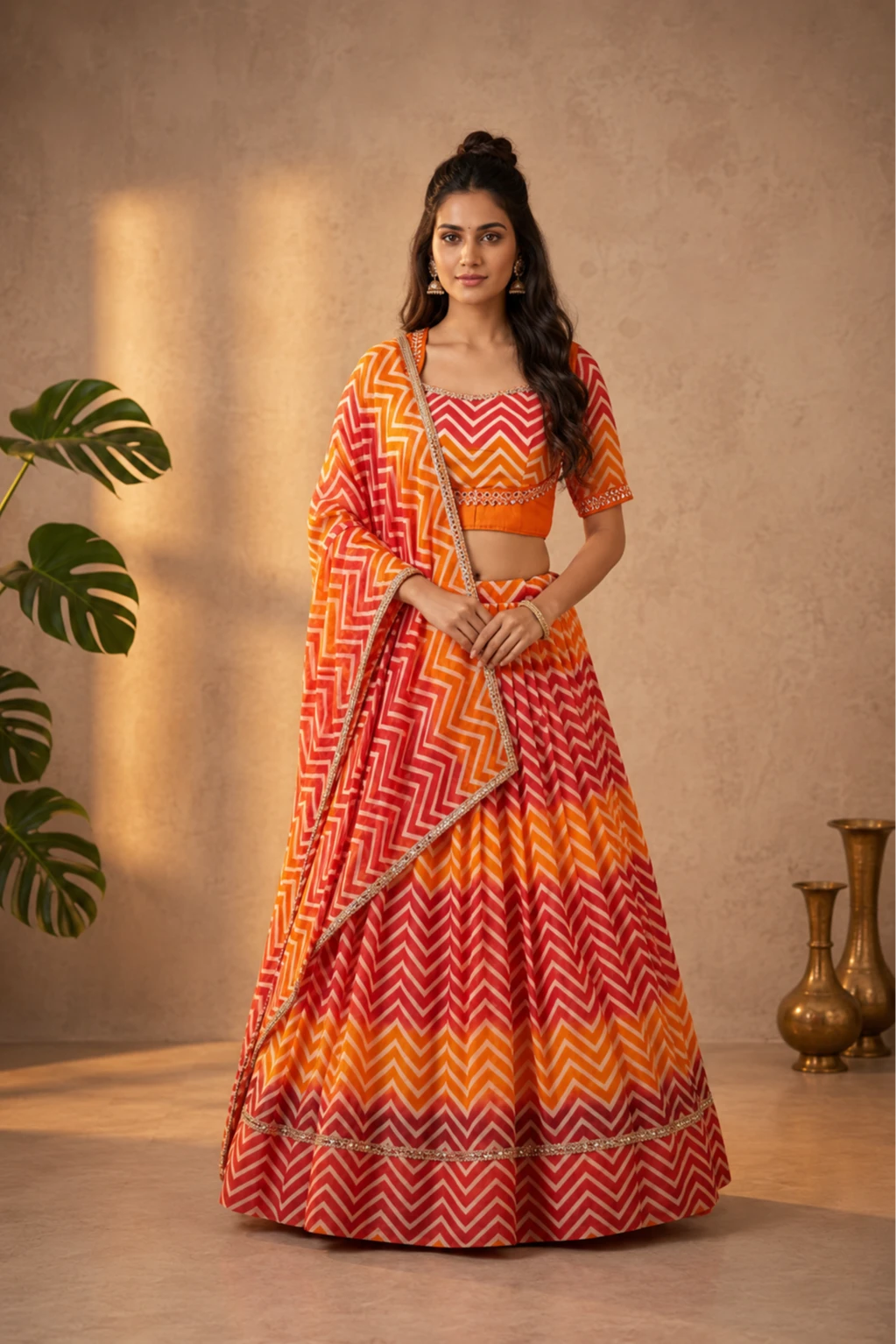 Sunset Ombre Chevron Leheriya Lehenga Choli Set — Faux Georgette and Silk Blend
