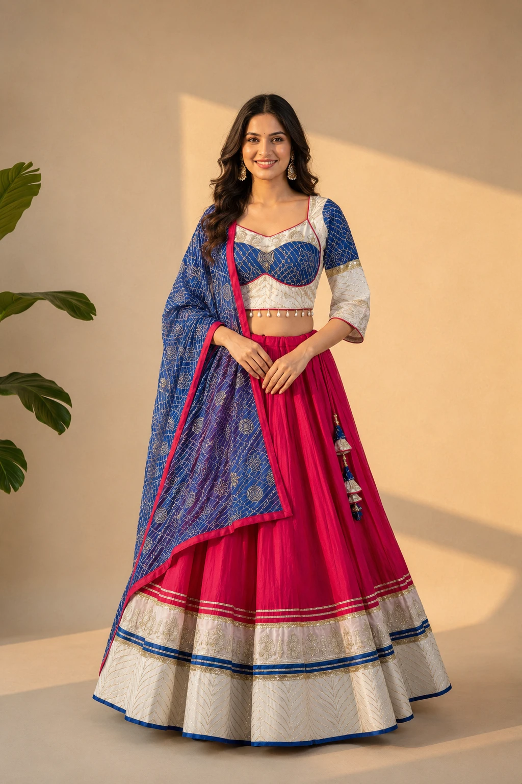 Fuchsia and Cobalt Ivory-Tiered Lehenga Set — Chanderi Silk Blend