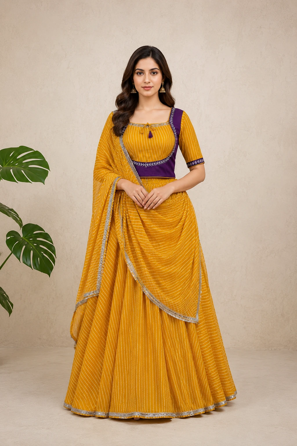 Mustard Leheriya Art Silk Lehenga Set art — Art Silk and Georgette