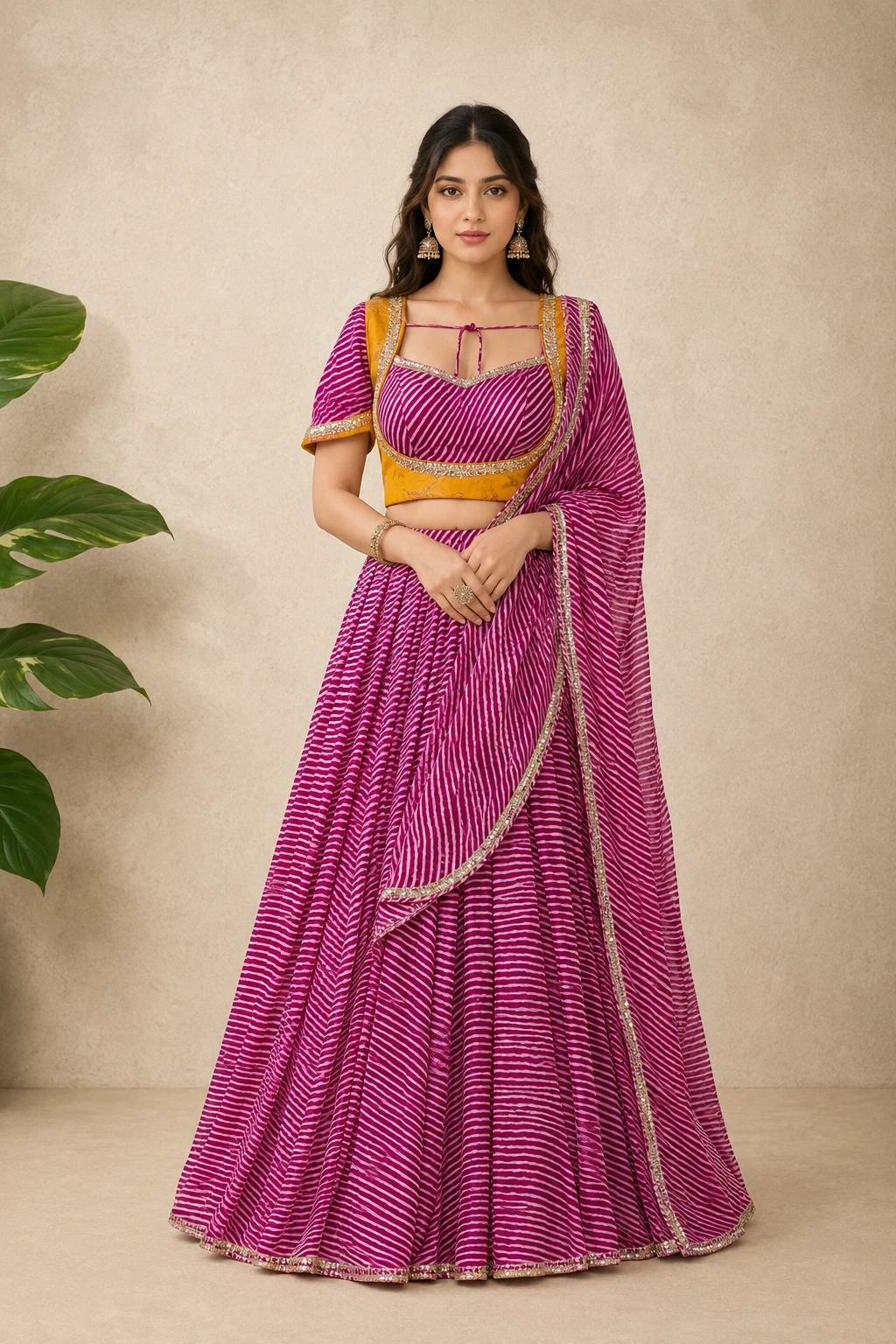 Magenta Leheriya Georgette Lehenga Set — Silk Georgette Blend