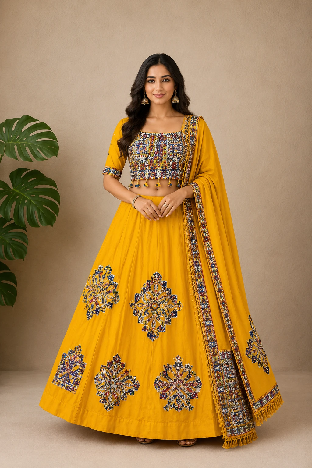 Mustard Yellow Geometric Embroidered Lehenga Choli Set — Cotton Blend