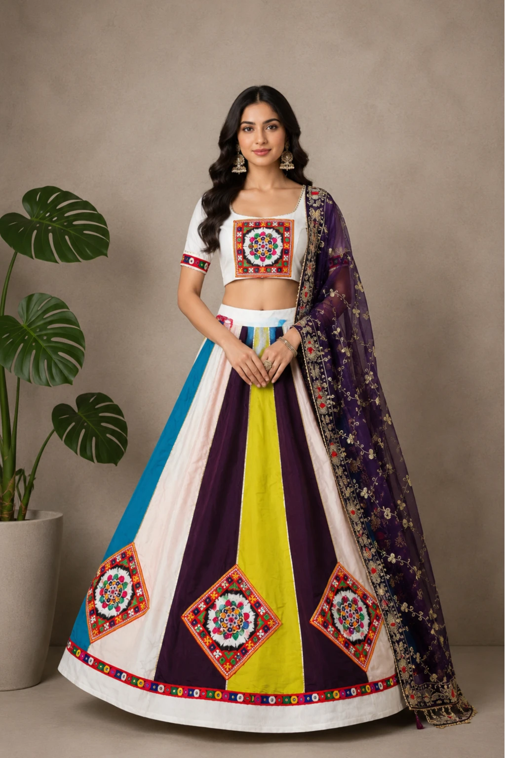 Multi-Color Panel Embroidered Lehenga Choli Set navratri chaniya choli — Cotton Blend
