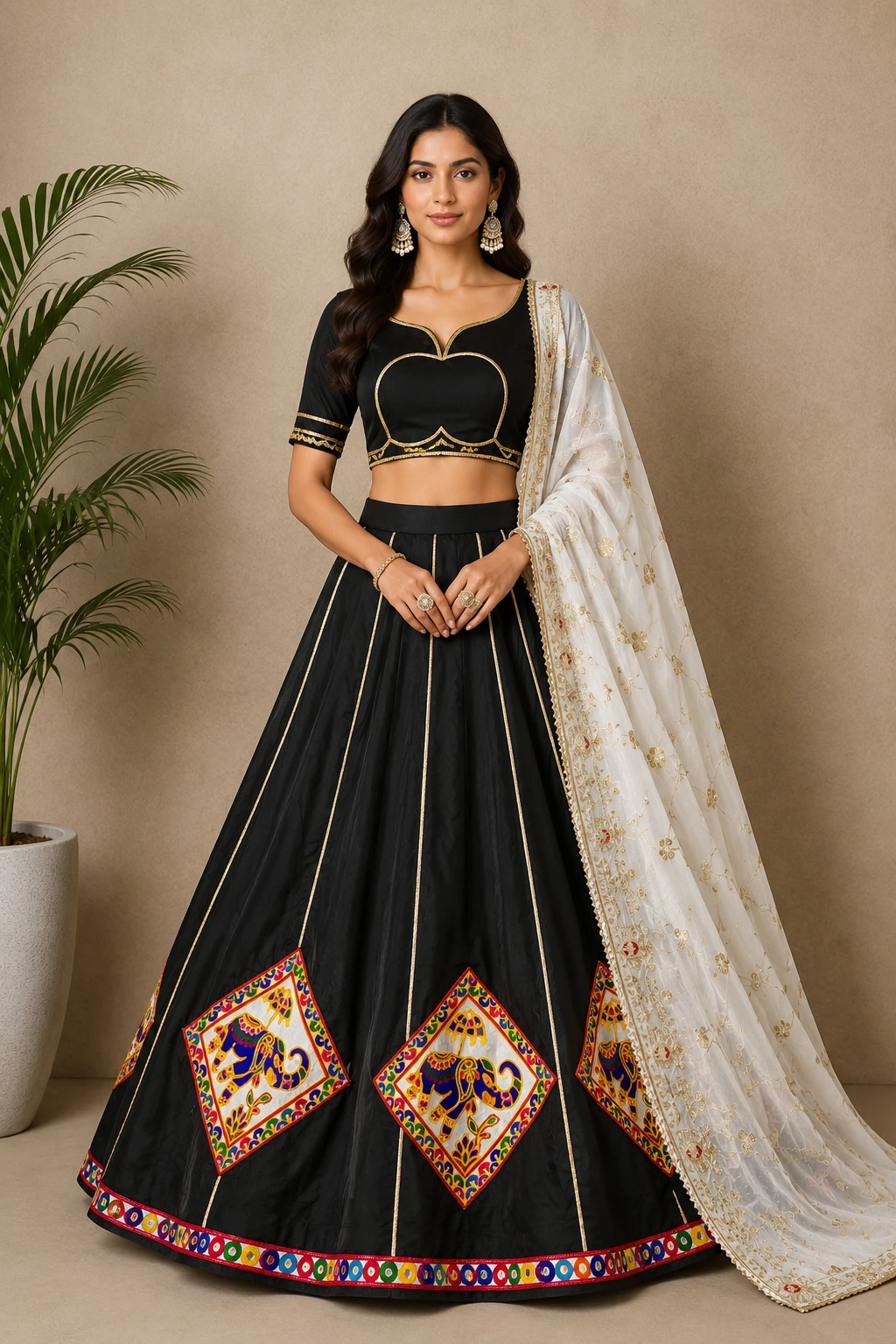 Jet Black Elephant Motif Embroidered Lehenga Choli Set navratri chaniya choli — Art Silk and Net