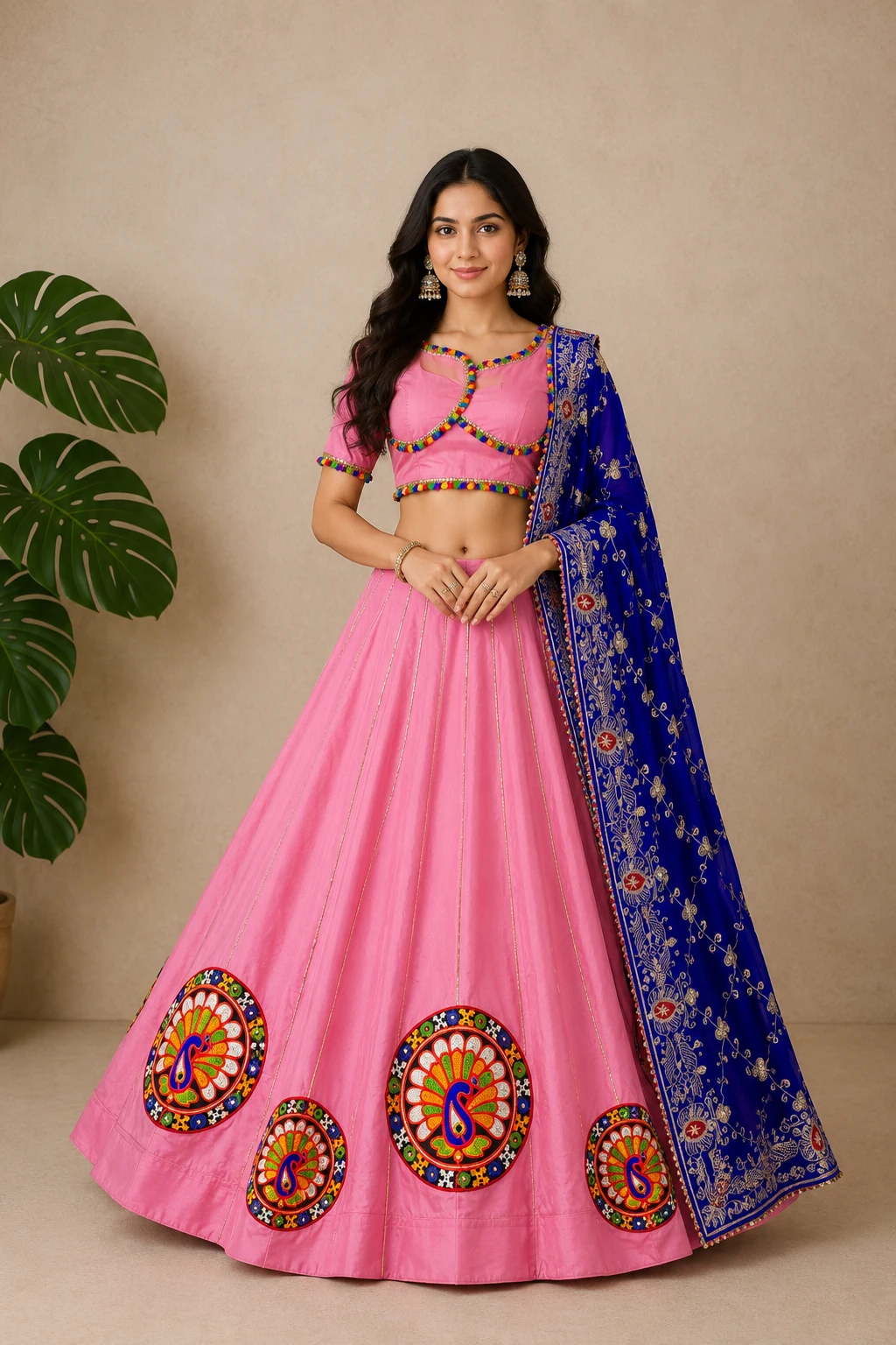 Candy Pink and Royal Blue Folk-Art Embroidered Lehenga Choli Set navratri chaniya choli — Silk Blend