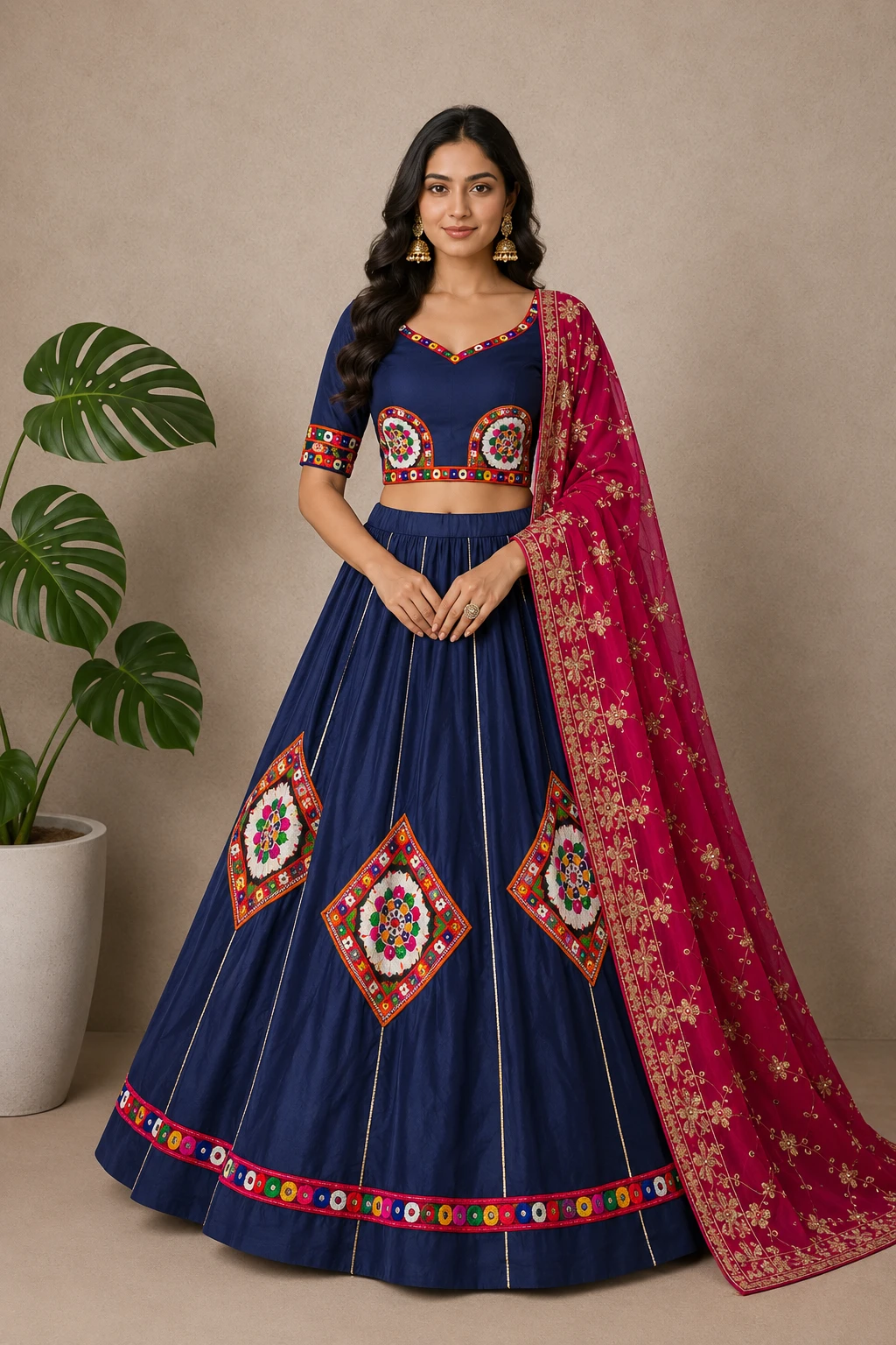Ink Blue and Magenta Geometric Embroidered Lehenga Choli Set navratri chaniya choli — Silk Blend